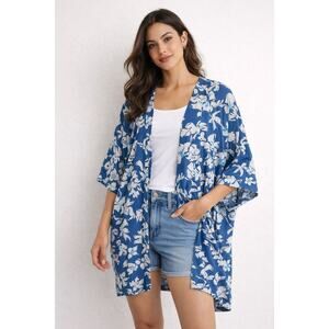 Natural by Known Supply Kimono XL/XXL Blue Floral Open Front Cotton Cardigan